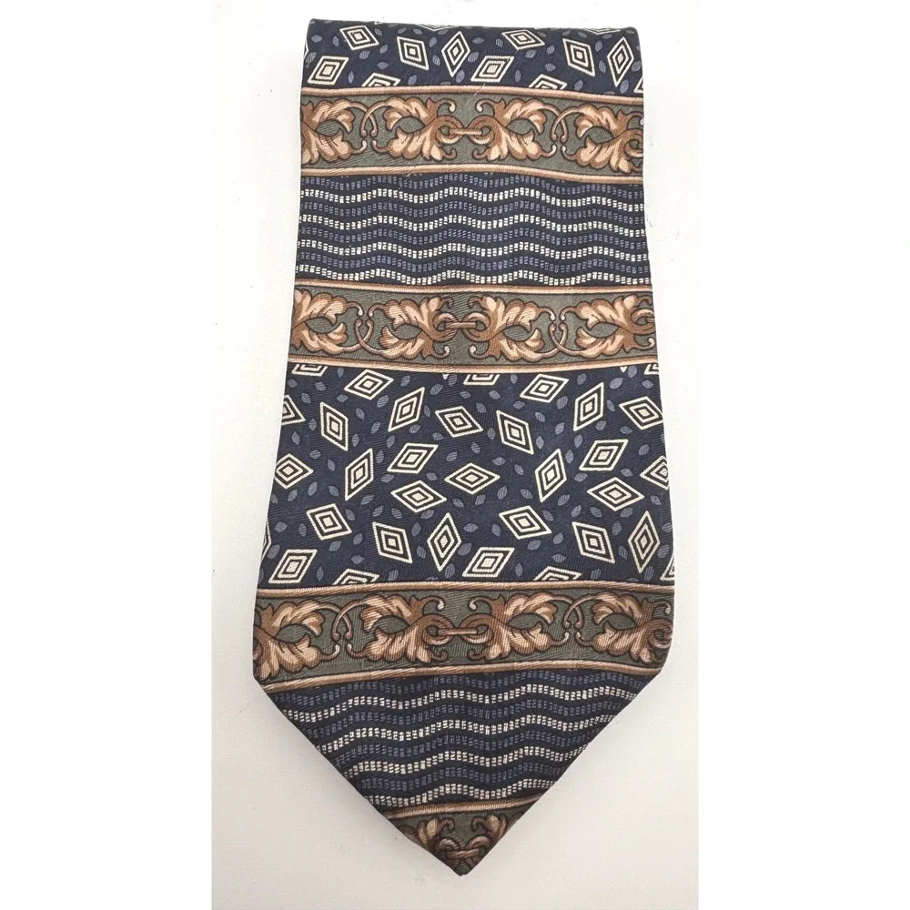 Cellini Uomo Men's 100% Silk Necktie Navy Blue Geometric Pattern Made in USA